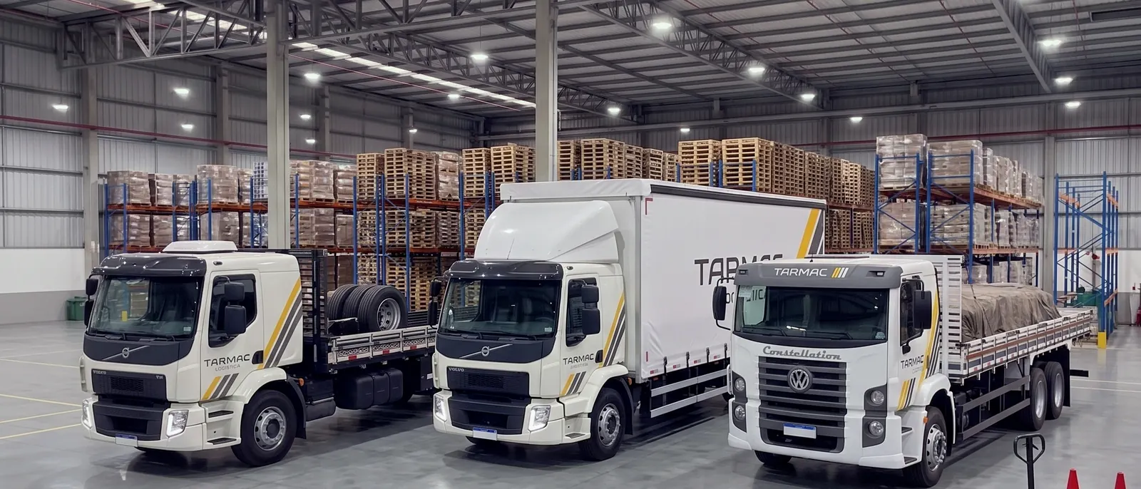 Três caminhões da Tarmac Logística — grade baixa, sider e carroceria aberta — em galpão de carregamento
