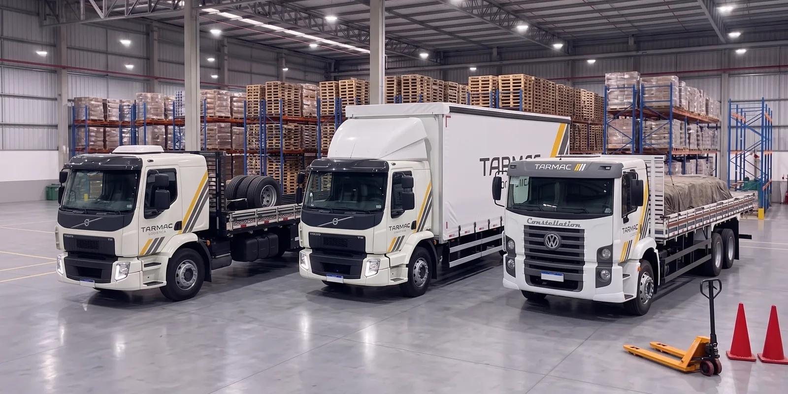 Caminhões da Tarmac Logística carregando dentro de galpão logístico