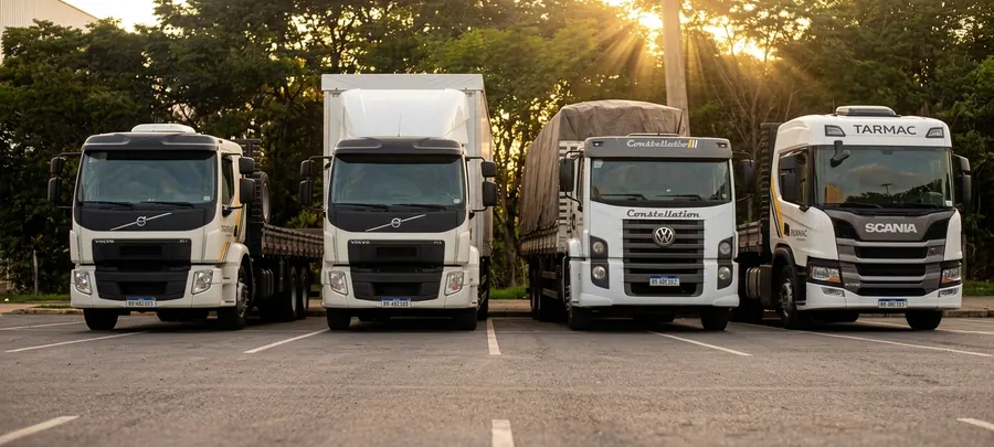 Frota da Tarmac Logística alinhada em pátio ao amanhecer